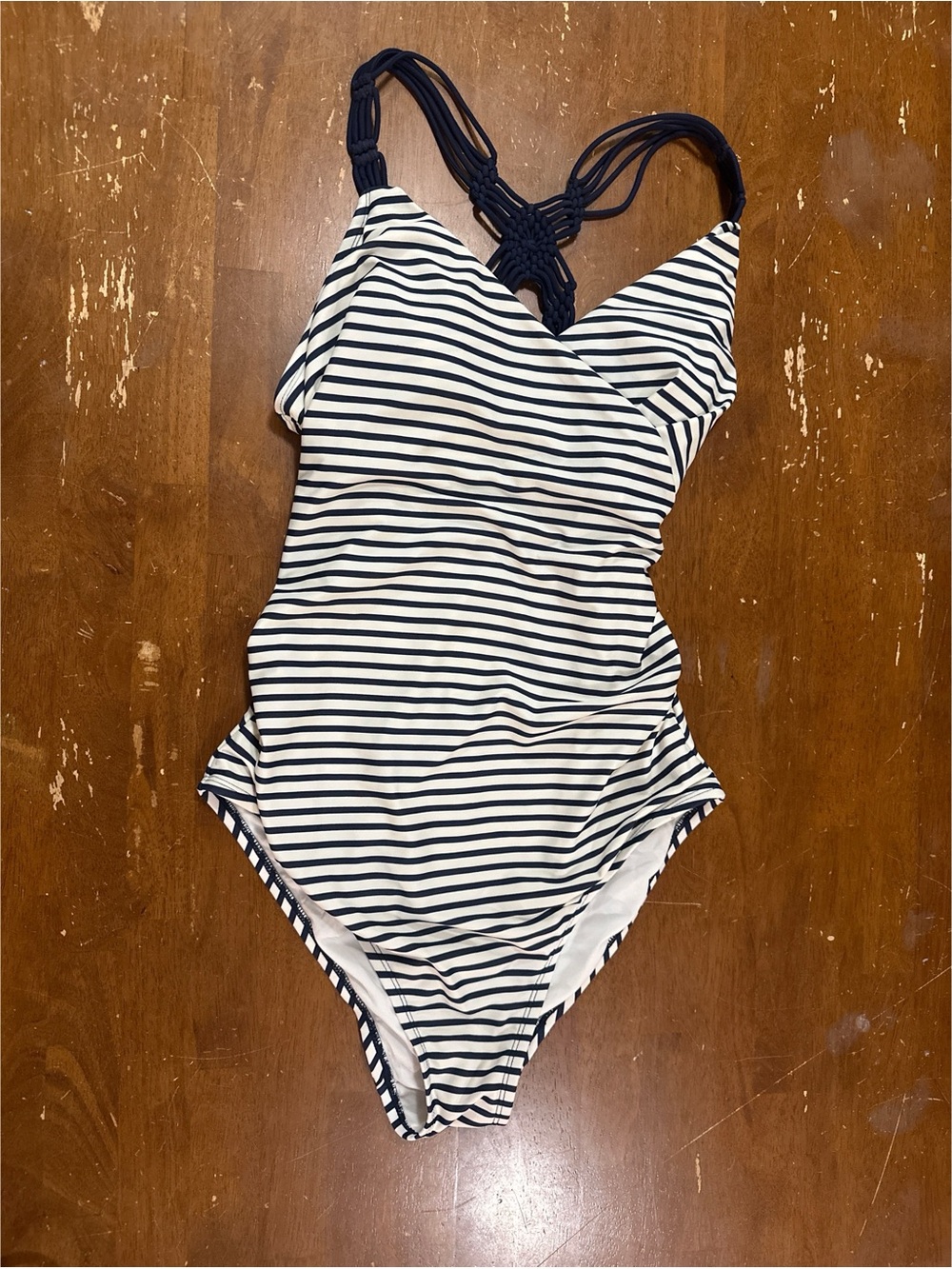 Kona Sol Navy and White Striped One-Piece with Braided Back Detail